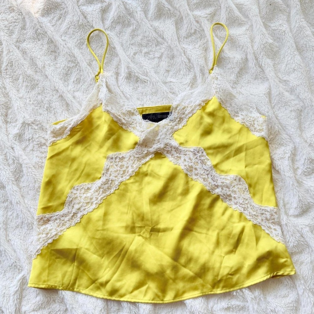 Zara Women's Medium Yellow Satin Lace Cami Tank Top